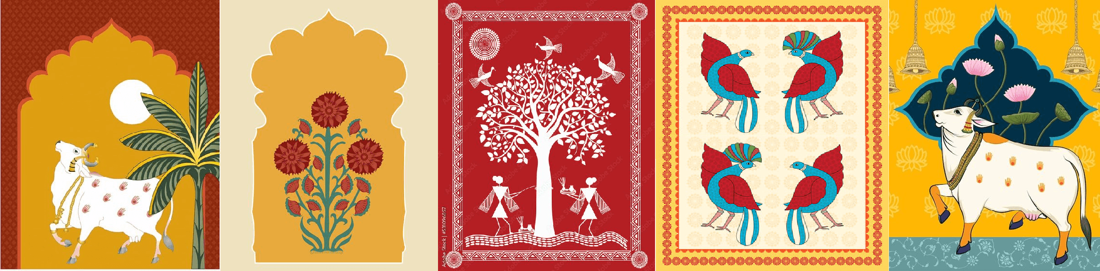 Folk art mural designs — mythology and daily life illustrations