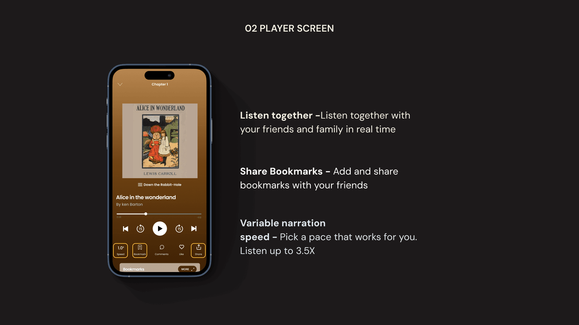 AudioH player screen — listen together, bookmarks, variable speed