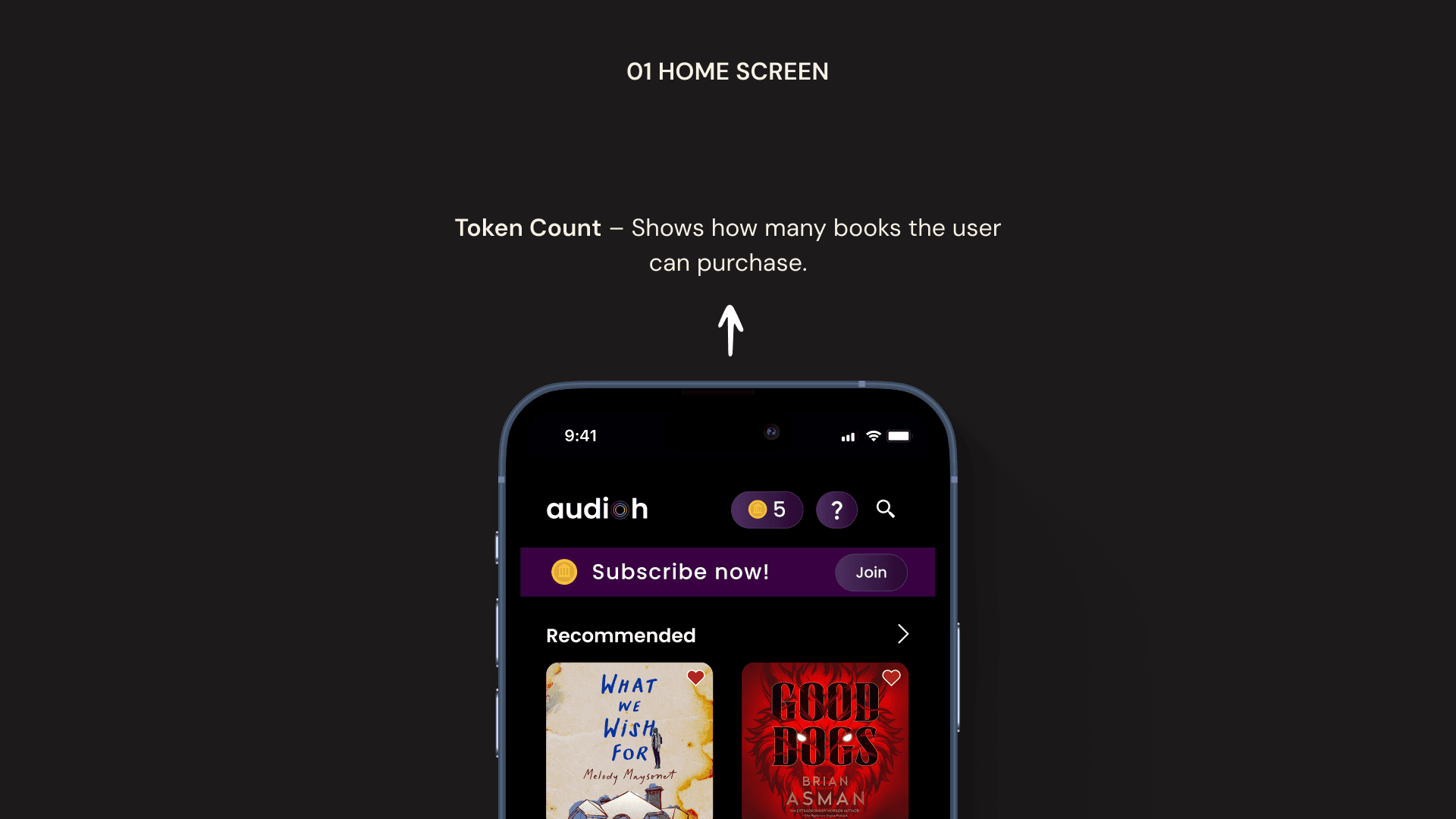 AudioH home screen — token count and subscription details