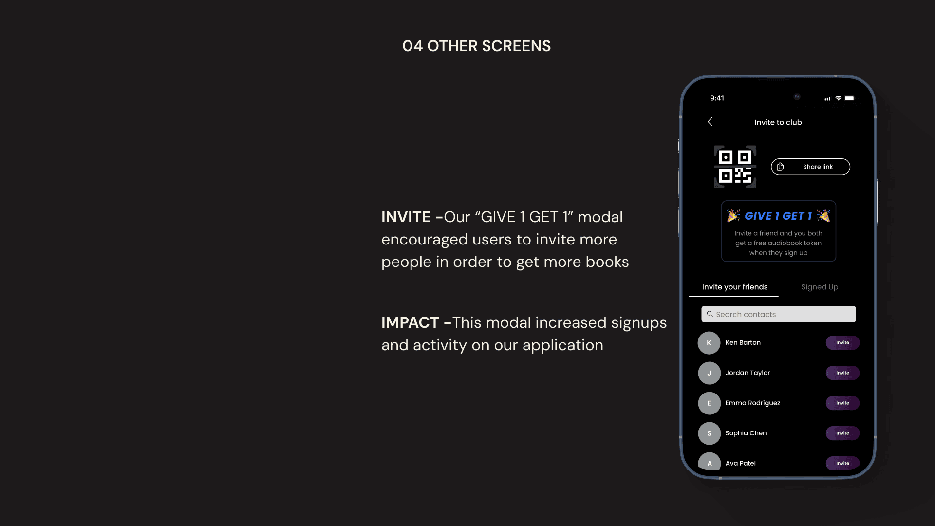 AudioH invite screen — Give 1 Get 1 referral system